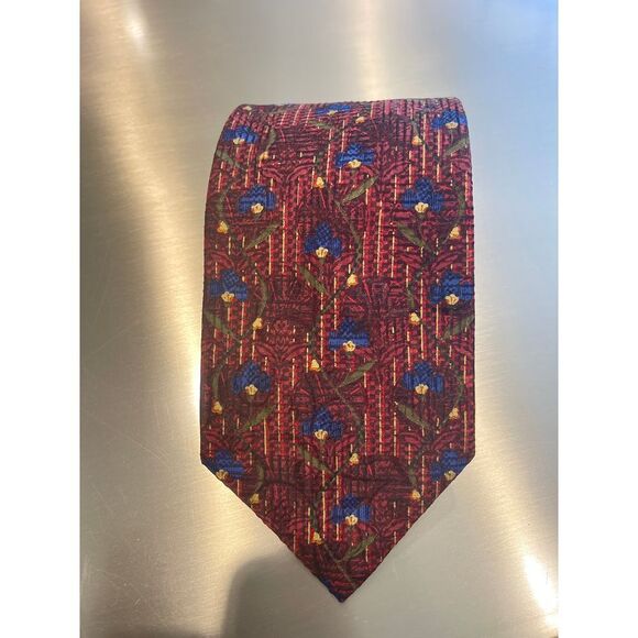 Ermenegildo Zegna Burgundy Silk Tie with Blue and Gold Geometric Pattern‎ Z-103
